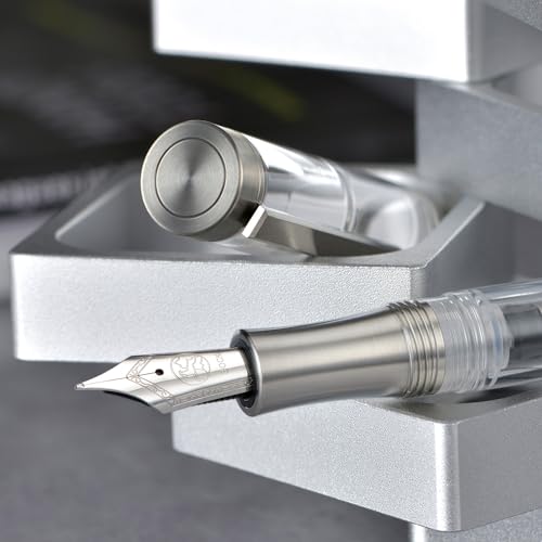 Image of Asvine V200 Titanium Fountain Pen Vacuum Filling, Bock Medium Nib Clear Transparent Acrylic Smooth Writing Pen Case Set
