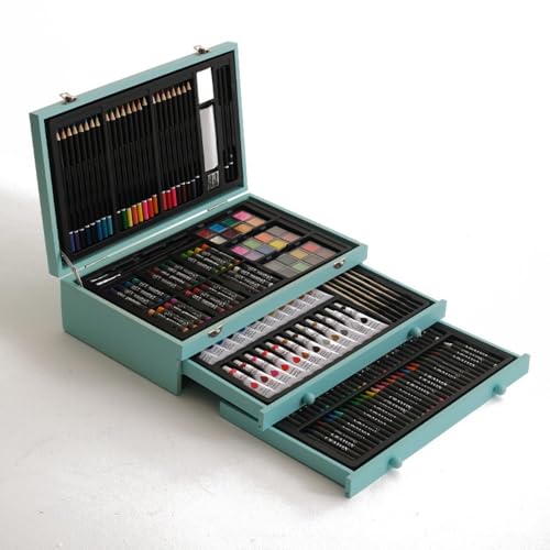 Hrzisda 色鉛筆、子供の描画セット、ポータブル木箱、独立したペンホルダー、鮮やかな色、折りたたみ式収納、安全な材料、水彩絵の具、色鉛筆、油性クレヨン、描画アルバム、ポータブル金属ロック、さまざまな描画材料、芸術啓発、創造的なツール、ギフト、手描き体験