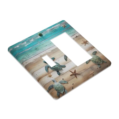 Decorative Outlet Covers Turtle Starfish Beaches Blue Wood Plank 2 Gang 1 Gang Wall Plate Cover Single Toggle Rocker Combo Light Switch Cover Plate Face Plate