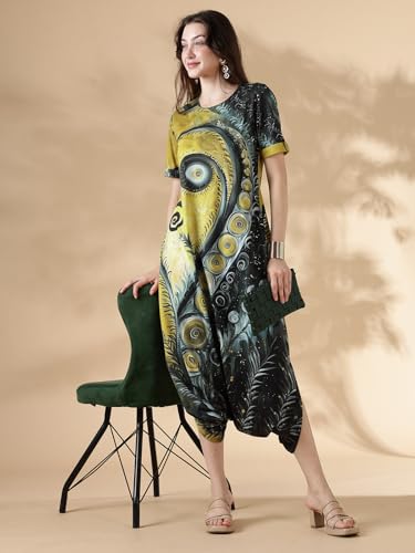 Image of HELLCAT Womens Floral Printed Olive Shoulder Straps Dress | Western A-Line V Neck Midi Dress for Womens