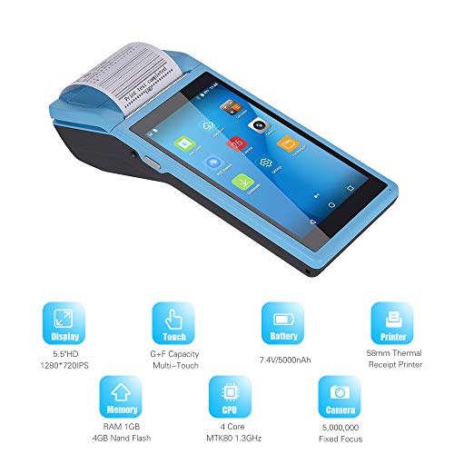 Android 6.0 pos Terminal Receipt Printer with 5.5 inch Screen All in One Handheld PDA Printer Portable Barcode Scanner Supports 3G, WiFi, BT4.0, 4GB NAND Flash