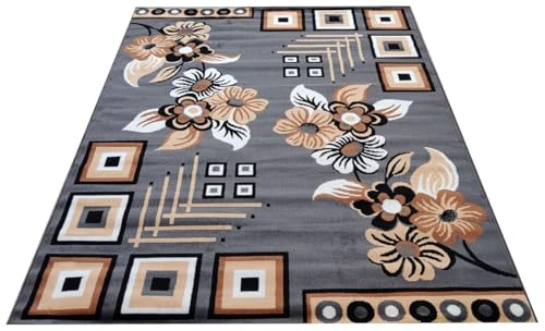 Image of Floral Design Acrylic Polyester Carpet for Living Room 6x8 Feet Color Grey(180x240Cm), Large Rectangle