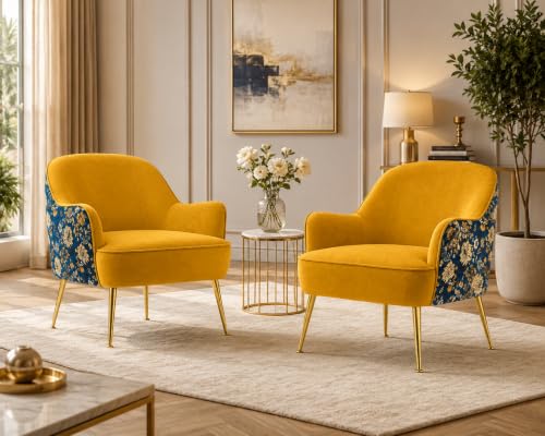 Image of Velvet Chair with Pillow for Home | Modern Accent Armchair in Soft Velvet Fabric with Golden Legs | Premium Accent Chair for Living Room Bedroom Restaurent | (Mustard, Big Zara)