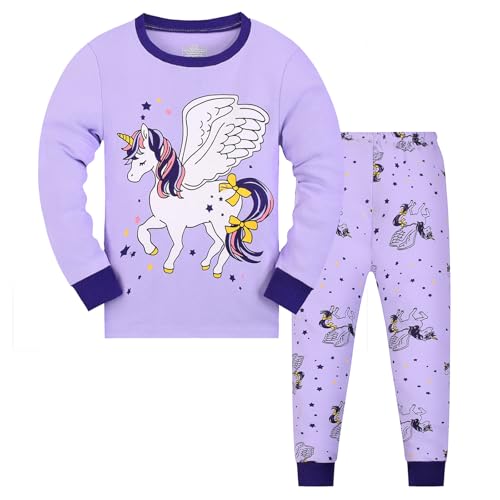 Codkkre Girls Pyjamas Unicorn Pjs Sleepwear Long Sleeve Cotton Christmas Pyjamas Outfit for Kids 2pcs, Purple/Unicorn, 8-9 years