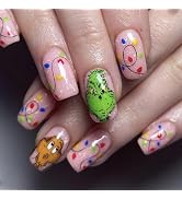 24PcsChristmas Press on Nails Medium Square Fake Nails Christmas Pink False Nails with Cartoon Pa...