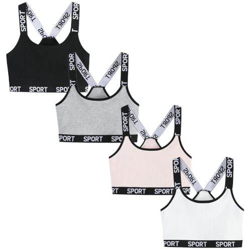 FedMois Girls Sports Bra Unpadded Crop Top Cotton Pack of 4, Sport, 10-12 Anni