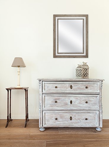 Image of MCS 18x24 inch Beveled Wall Mirror, 24.5x30.5 Inch Overall Size, Rustic Wood and Embossed Whitewash Finish