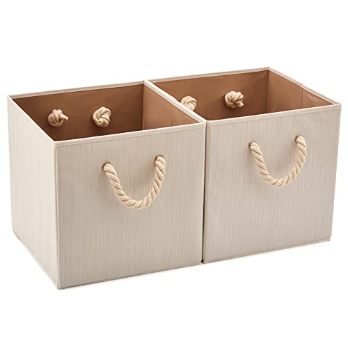 EZOWARE 2-er Set Baumwolle Faltbare Cube Aufbewahrungsbox, Faltbox Organizer Aufbewahrungskorb ohne Deckel mit Starken Griffen für Kleiderschrank, Kinderzimmer (33X33X33cm Beige)