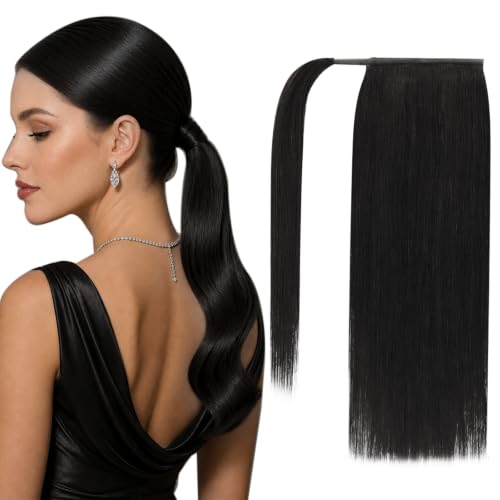 Image of Full Shine Human Hair Ponytail Extensions, Off Black, Event Straight Style