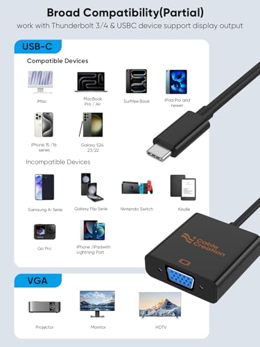 Image of CableCreation USB C to VGA Adapter, Type C to VGA 1080P@60Hz Converter | Thunderbolt 3 /4 USBC to VGA Convert for iPhone 15 /16 Series, MacBook Pro /Air, iPad Pro, iMac, Surface Book, Old Mac Monitor