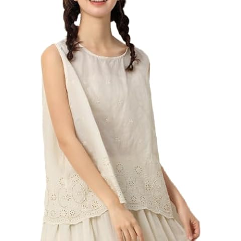 Vanrose Jan Peasant Blouses for Women Boho Sleeveless Loose Fit Tanks Shirts 922 Beige S/L Cover