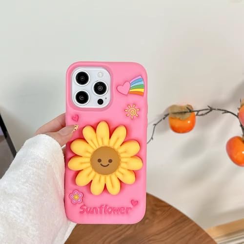 Image of COVERLY for iPhone 14 Plus 3D Cartoon Sunflower Floral Case,Full Protective Happy Smiley Face Rainbow Pop Back Case with Holder Cute Soft Silicone Fashion Aesthetic Cover for Apple iPhone 14 Plus
