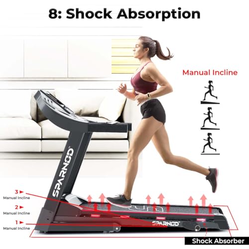 Image of Sparnod Fitness STH-3200 Treadmill for Home Use, Hydraulic Foldable Design, 4 HP Peak DC Motor, 16km /h Speed, 3-Level Manual Incline, 110 kg Capacity, LCD Display, Inbuilt Speakers, 12 Preset Programs