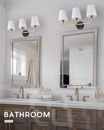 Image of Bathroom Light Fixtures, Black and Gold Vanity Lights with Flared White Fabric Shade, 3-Light Wall Sconce, Modern Sconces Wall Lighting for Hallway Bedroom, VL837-KG-3