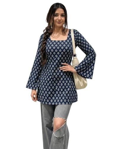 Image of SONISHA Women's Rayon Floral Print Short Kurti for Women Elegance Square Neck, Long Sleeves with Style Criss Cross Back Kurti, Top for Office Wear, Casual, Outdoor