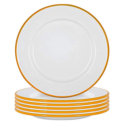 Argon Tableware Platos de cena de esmalte blanco - Metal Al aire libre Camping platos - 25,5 cm - Amarillo - Paquete de 6