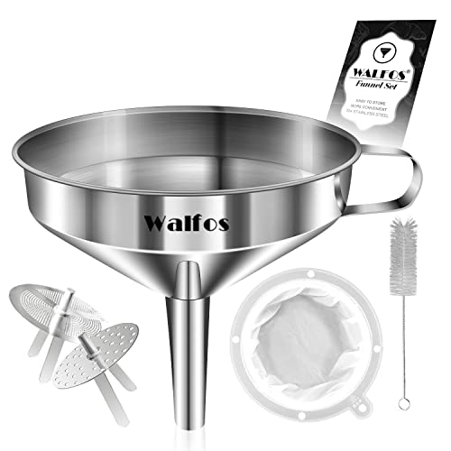 Stainless Steel Funnel, Walfos Kitchen Funnel with 2 Removable Strainer & 1Pc Cleaning Brush, Perfect for Transferring of Liquid, Oils, Jam, Dry Ingredients & Powder (Big, 4.9 )