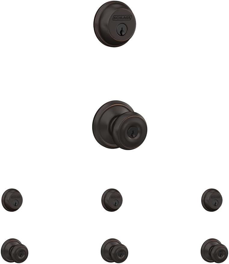Schlage FB50 V GEO 609 Single Cylinder Deadbolt and Keyed Entry Georgian Knob, Antique Brass