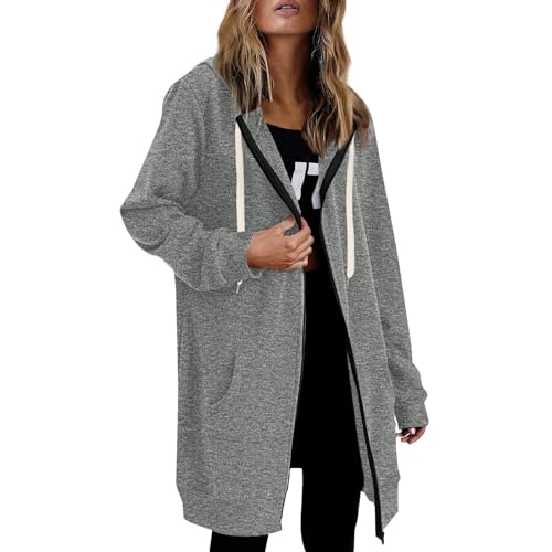 Long Zip Up Jackets for Women Trendy Casual Loose Fit Oversized Hoodie Plain Tunic Sweat Shirts Comfort Trench Coat