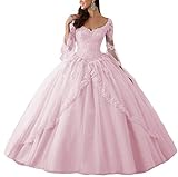 HUINI Ballkleider Lang Spitze Brautkleider Langarm Quinceanera Kleider Prinzessin V-Ausschnitt Hochzeitskleider Rosa 38