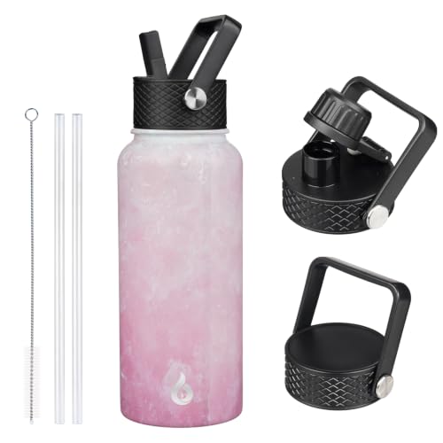Image of BJPKPK Insulated Water Bottles with Straw Lid, 32oz Metal Large Water Bottle with 3 Lids, Reusable Leak Proof BPA Free Thermo, Stainless Steel Tumblers for Sports, Gym, Travel-Blossom