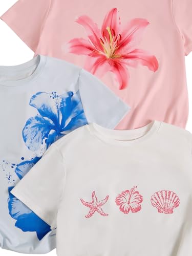 Image of RoseSeek Girl's Shirts 3 Packs Star Butterfly Graphic Tees Crew Neck Short Sleeve T Shirt Casual Tops
