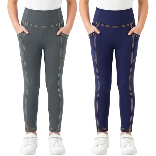 FILOWA Leggings para Niñas Pack de 2 Elástica Pantalón, 13-14 Años, Gris