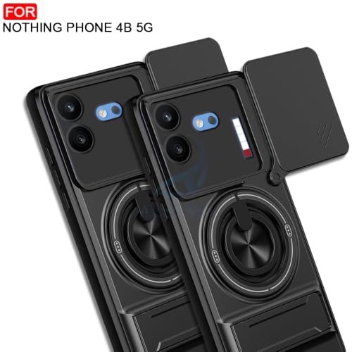 Image of AESTMO Nothing Phone 4B 5G Back Cover | Armor Camera Slider 360 Degree Rotating Finger Ring Holder Case with Bracket Stand Back Case Cover (Compatible with MagSafe Accessories) (Black)