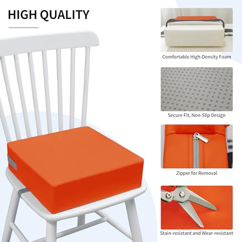 Image of Eiury Booster Seat for Kitchen Chair, Toddler Booster Seat for Dining Table, Waterproof PU Leather Kids Seat Cushion with Adjustable Straps, Non-Slip Bottom, Wipeable Seat Pad,Tangerine