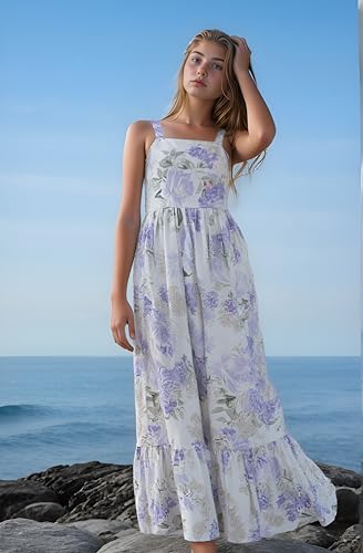 Flofallzique Girls Floral Dress Summer Vintage Tie Back Kids Birthday Party Boho Maxi Dress for 4-143