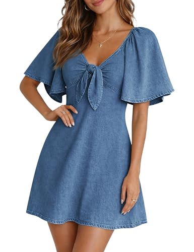 BISUAL Womens Denim Dress Bow Tie V Neck Flutter Sleeve Summer Casual Jean Dresses 2026 Western Outfits Blue