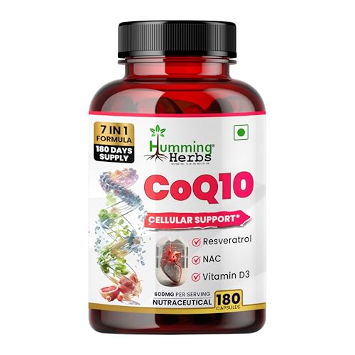 Image of Humming Herbs CoQ10 Supplement 7-in-1 with Resveratrol NAC ALA Magnesium Vitamin K2 (MK-7) & Vitamin D3 - Cellular Energy & Antioxidant Support - 180 Veg Capsules
