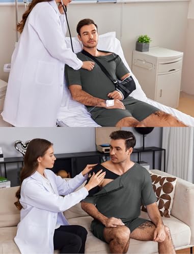Deyeek 2Pcs Unisex Post Shoulder Surgery Shirts & Shorts Tear Away Shirts for Rotator Cuff Surgery Chemo Port Access Clothes4