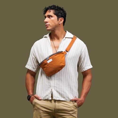 The Peacock Crew Spacious Camel Brown Crossbody Belt Bag in Cotton Canvas – Lightweight Comfortable & Elegant Sling Pouch Travel Safe Design & Daily Use – Dual Zippers Fanny Pack for Men & Women