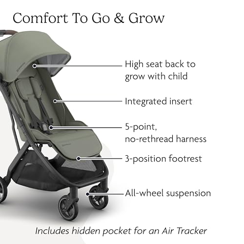 Image of UPPAbaby Minu V3 Travel Stroller | Lightweight + Compact Design | One-Hand Fold + Unfold | from Birth + Overhead Compatible | Evelyn (Meadow Green /Carbon Frame /Chestnut Leather)