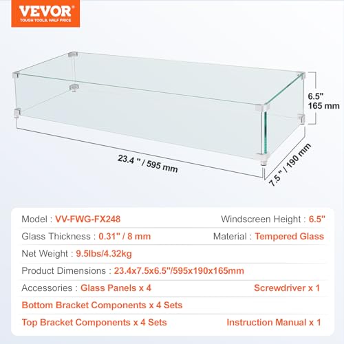 Image of Gas Fire Pit Wind Guard for Square Fire Table, 23.5 x 7.5 x 6.5 inch Clear Tempered Wind Guard for Firepits, 0.31 inch Thick Square Glass Shield, Glass Panel with Hard Corner Bracket & Feet