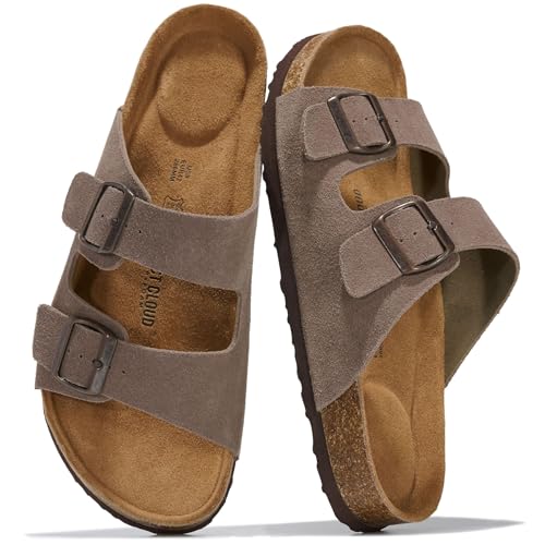Project Cloud Mens Sandals 100% Genuine Leather - Memory Foam Insole & Cork Footbed Slides for Men Footwear - Non-Slip Summer Sandals for Men & Lightweight Mens Slides (Heritage, TAUPSUEDE,9)