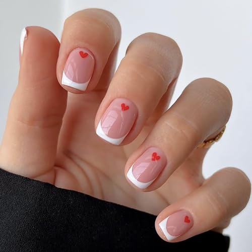 24Pcs Red Heart Press on Nails Short Square Fake Nails Valentines Press ons White French Tip Acrylic Nails Valentines Glue on Nails Nude Pink Full Cover Love Heart False Nails Stick on Nails for Women