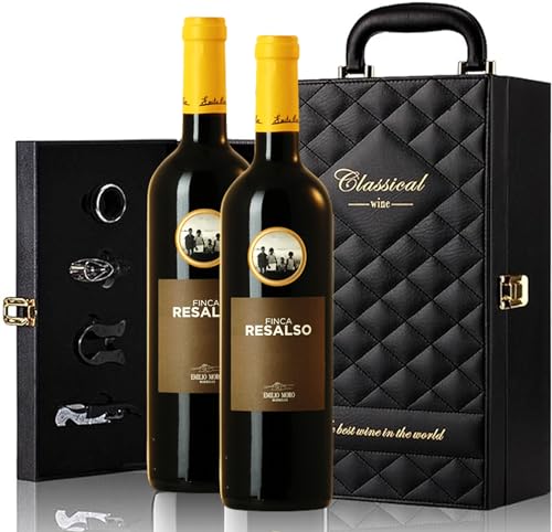 Genérico Estuche de Vino Elegante para Regalo con Dos Botellas de Vino y Set de 4 Accesorios (Ribera, Finca Resalso)