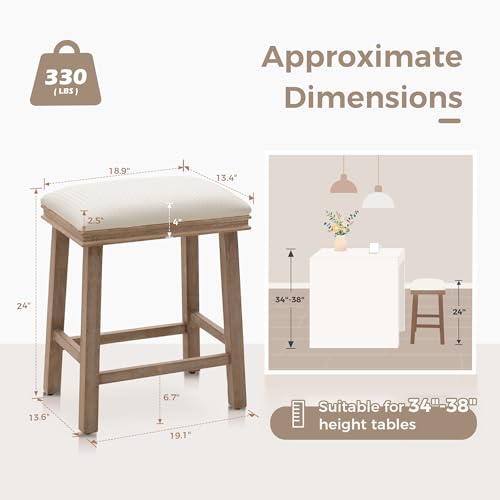 MAISON ARTS Off White Counter Height 24 inch Bar Stools Set of 4 for Kitchen Counter Solid Wood Legs with Faux Leather Padded Seat Farmhouse Barstools for 34