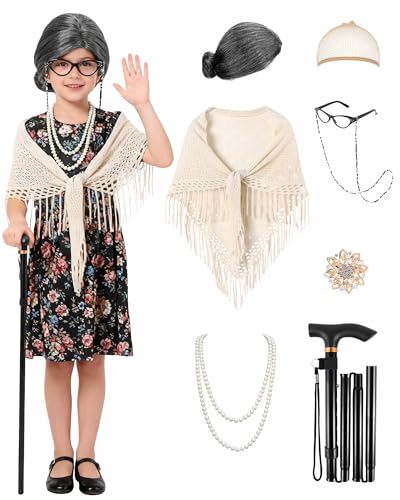 WooHand 100 Days of School Costume for Girls Old Lady Costume for Kids 100th Day of School Dress Up Grandma Outfit for Kids with Shawl Wig Granny Cane