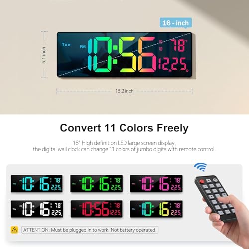 Image of Digital Wall Clock 16 inch, Wall Clocks with 11 RGB Colors, Alarm Clock with Night Lights, Large Digital Clock for Living Room Bedroom Office Classroom Decor,Temperature, Remote Control (16 inch RGB CLOCK)