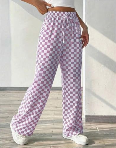 chouyatou Women's Checkered Wide Leg Business Casual Pants Plaid Drawstring Elastic Waist Palazzo Pants2