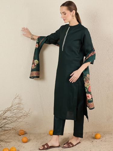 Image of INDO ERA Women's Straight Cotton Blend Ethnic Motifs Embroidered Kurta Pant With Dupatta Set