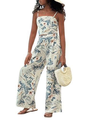 Image of Floerns Girl's 2 Piece Outfit Hawaiian Tropical Crop Cami Tops and Boho Pants Set