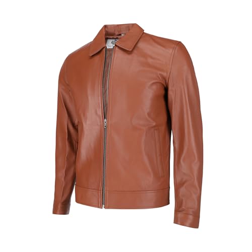 Image of TLC Genuine Lambskin Real Leather Jacket Men - Classic Shirt Style Polo Collar Motorcycle Vintage Racing Jacket For Mens