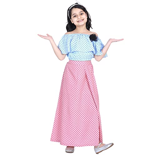 Image of LILPICKS Girls' Poly Crepe Polka Print Off Shoulder Top and Full Skirt Set (Vintage Blue and Dusky Pink)