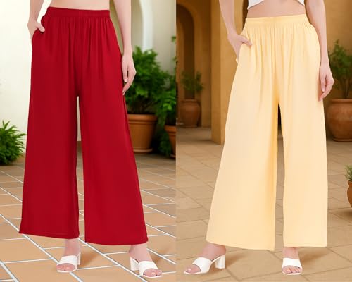 Image of Buy That Trendz Palazzo Pants for Women Cotton Rayon Elasticated Flared Wide Leg Regular Fit M to 6XL Pack of 2