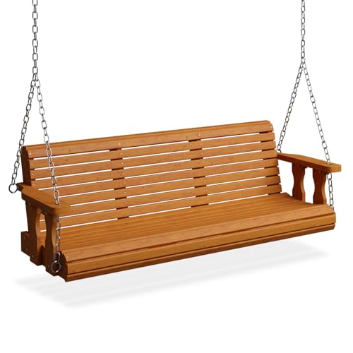 VINGLI Upgraded Patio Wooden Porch Swing for Courtyard & Garden, Heavy Duty 880 LBS Swing Chair Bench with Hanging Chains for Outdoors (Brown, 5 FT)