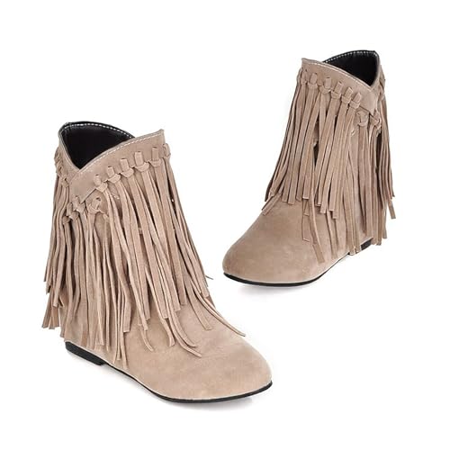 Women's Tassels Suede Mid Calf Boots,Retro Pointed Toe Inner Heightening Slip-on Ankle Boots Hidden Mid Heel Shoes Outdoor Cowgirls Low Heel Boots2